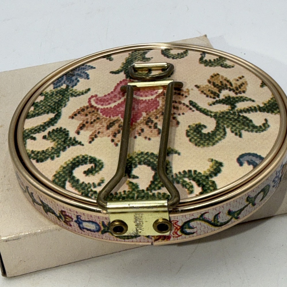 Vtg 60s Japan Round Folding Double-Mirror Compact W/Stand CrossStitch Floral Box - Picture 2 of 10